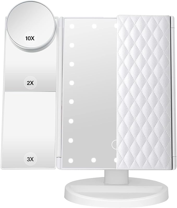 DenCert Makeup Mirror Vanity Mirror with Lights 1X 2X 3X 10X Magnification, Lighted Makeup Mirror, Touch Control, Tri-Fold Portable LED Makeup Vanity, Two Power Supply Modes, White