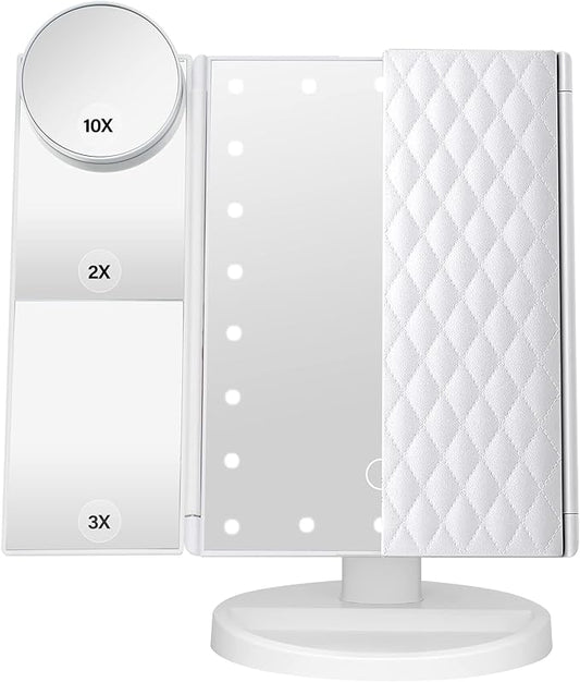 DenCert Makeup Mirror Vanity Mirror with Lights 1X 2X 3X 10X Magnification, Lighted Makeup Mirror, Touch Control, Tri-Fold Portable LED Makeup Vanity, Two Power Supply Modes, White