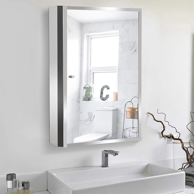 HOMCOM Bathroom Mirrored Cabinet, Vertical 16" x 24" Stainless Steel Frame Medicine Cabinet, Wall-Mounted Storage Organizer with Single Door