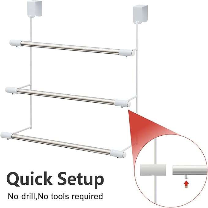 3-Tier Over The Door Towel Rack, Durable Stainless Steel 16 Inch Towel Hanger & Holder, No Drilling Tool-Free Install, Fits 1.5 Inch Standard Bathroom/Shower Door, Space Saving Hanging Storage