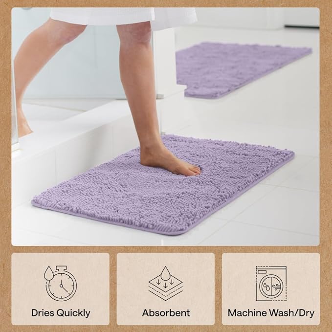 GORILLA GRIP Bath Rug Mat 36x24 Thick Soft Absorbent Chenille, Quick Dry Microfiber Mats, Rubber Backing Washable Shower Floor Rugs, Bathmat Runner Bathroom Home Decor Accessories Light Purple
