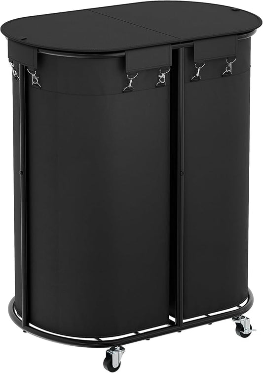 Chrislley 200L Double Laundry Hamper with Wheels and Lid, Large Oval Rolling Laundry Basket 2 section, Laundry Cart with Removable Bags and Iron Frame, Dirty Clothes Hamper for Home, Dorm, Black