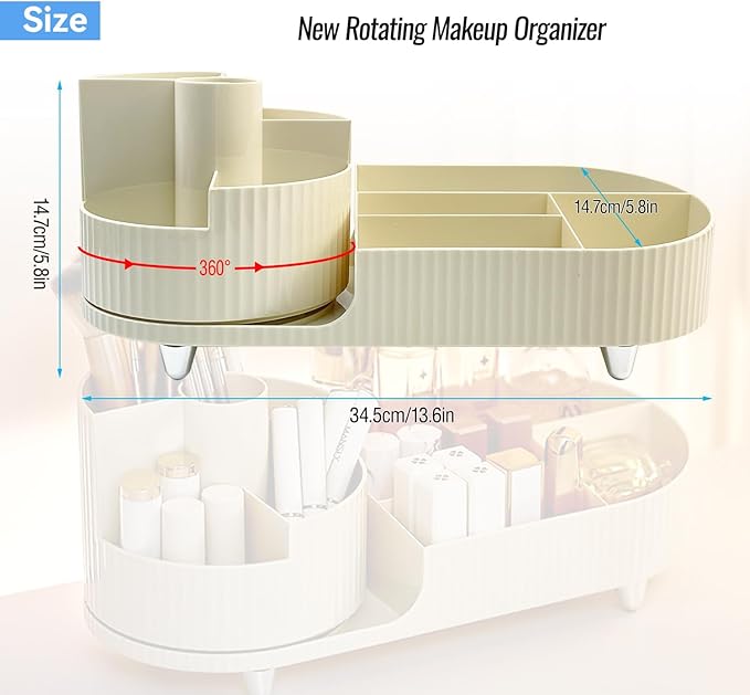 360 Rotating Spinning Makeup Organizer - Cosmetic Skincare Organizer with Brush Holder - Countertop Display Case