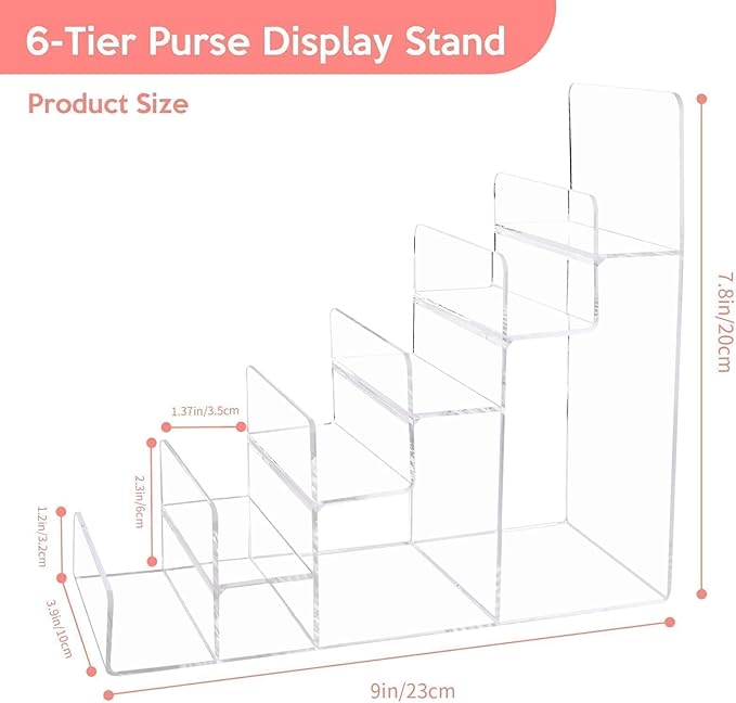 6-Tier Acrylic Purse Display Stand,Clear Wallet Display Organizer Handbag Stand Jewelry Shelf Plastic Perfume Stands Acrylic Shelf Risers Nail Polish Rack for Sunglasses Props Cosmetic Purse Handbag