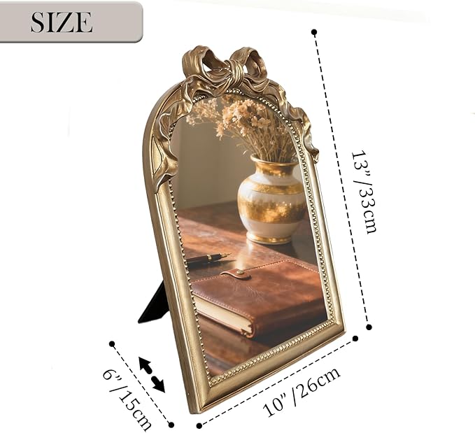Vintage Carved Resin Desk Mirror - 13x10 Inch Decorative Vanity Mirror for Makeup, Dorm, Bedroom & Tabletop Deco (Bow Champagne Gold, 13" L x 10.2" W)
