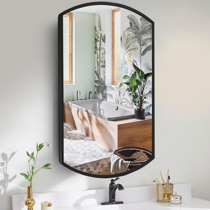 Movo Oval Aluminum Medicine Mirror Cabinet,16" W x 26" H Black Framed Farmhouse Medicine Cabinet with Mirrored Door,Recess or Wall Mount Bathroom Mirrored Cabinet,Adjustable Glass Shelves