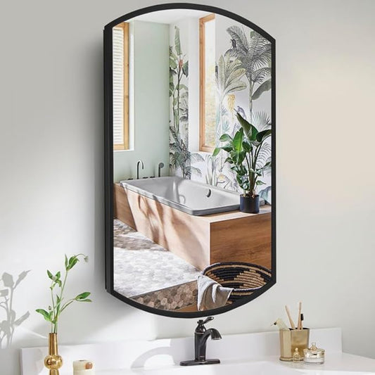 Movo Oval Aluminum Medicine Mirror Cabinet,16" W x 26" H Black Framed Farmhouse Medicine Cabinet with Mirrored Door,Recess or Wall Mount Bathroom Mirrored Cabinet,Adjustable Glass Shelves