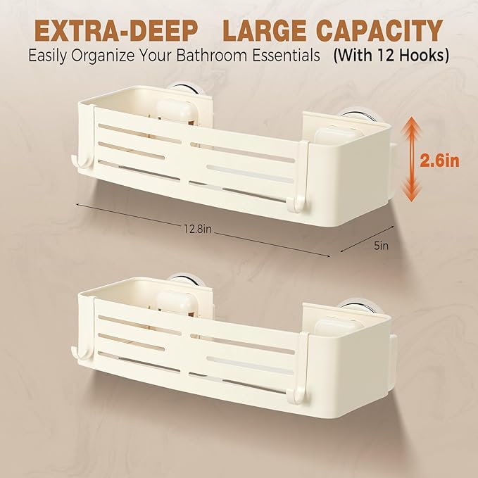 Lekesky Suction Cup Shower Caddy, No Drill Shower Shelf, Aluminum Rust Proof Bathroom Shower Organizer with 12 Hooks, （2-Pack, Cream）