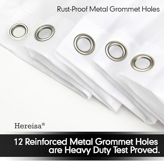 Strip White Fabric Shower Curtain with Magnets - 85 GSM Heavy Duty Waterproof Bath Curtain, 12 Reinforced Metal Grommets (72x72 Inches)