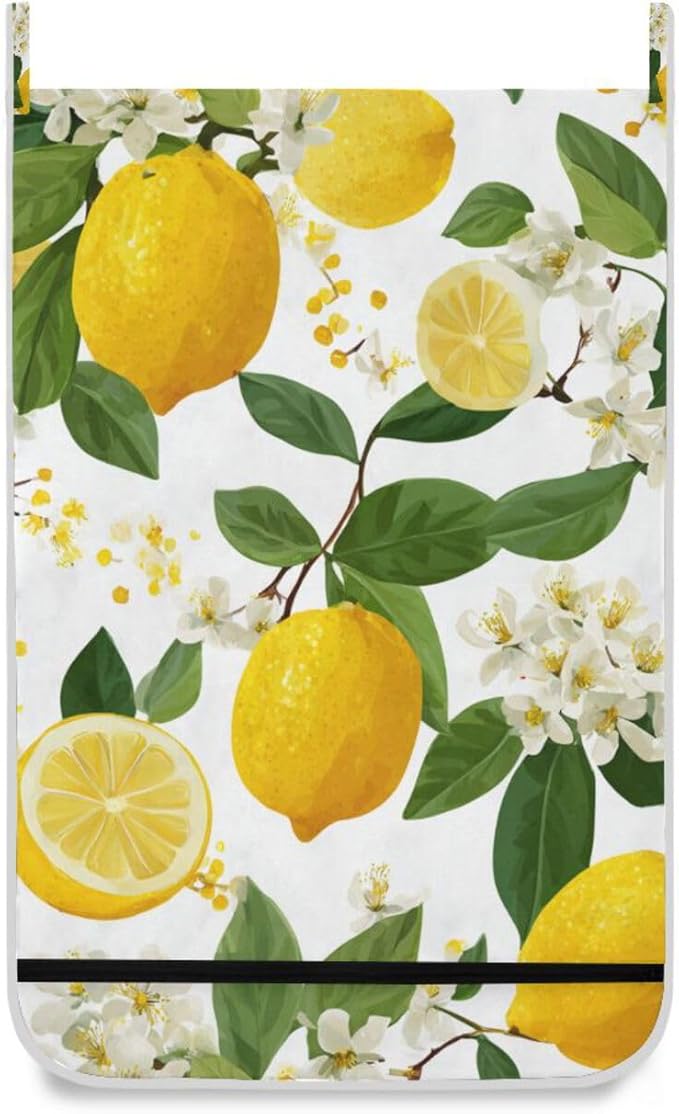 Lemon Branch Flower Hanging Laundry Hamper Door Hampers Bag Basket with Stainless Steel Hooks Oxford Fabric Printing Decorative Clothes Bags 29.5X20inch 1Pack
