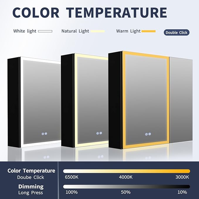 Lighted Medicine Cabinet with Mirror, 30 x 28 inch LED Bathroom Mirror Cabinet with Anti-Fog, Dimmable 3 Colors Front & Bottom Light, Buit-in Sockets & USBs, 2 Shelves, No Assembly Required