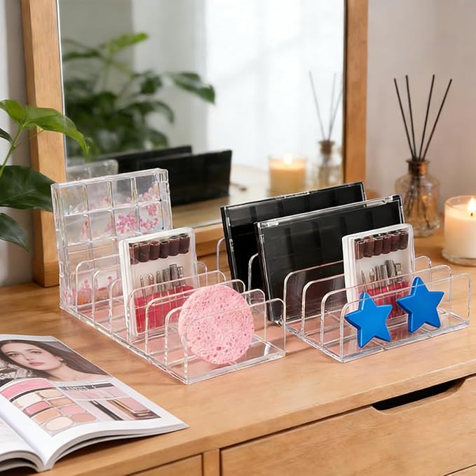 2 Pack Acrylic Eyeshadow Makeup Palette Organizer: Makeup Organizer for Drawer - 7-Section Cosmetic Display Case for Vanity Countertop - Clear Cosmetic Organizer Storage Accessories