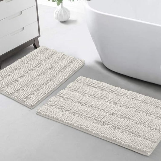 Turquoize Chenille Bathroom Rugs Set Non-Slip Bath Mats for Bathroom Extra Soft and Absorbent Shaggy Bath Mats for Bath Room Floor Indoor Mat for Kitchen/Entryway (20" x 32" and 17" x 24"), Cream