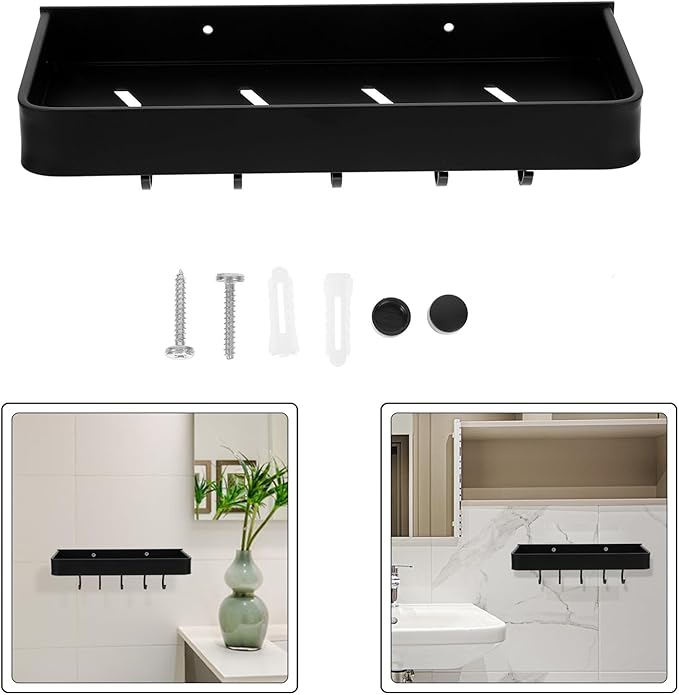 SOLUSTRE Wall-Mounted Bathroom Shelf Aluminum Holder 30cm Black with Hooks Bathroom Storage Rack Home Supply Accessory