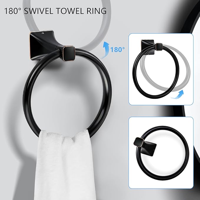 5-Piece Matte Black Bathroom Hardware Accessories Set, Stainless Steel Bathroom Towel Bar Set, 24 Inch Towel Bar, Towel Ring, Toilet Paper Holder, 2 Towel Hooks, Towel Racks for Bathroom Wall Mounted