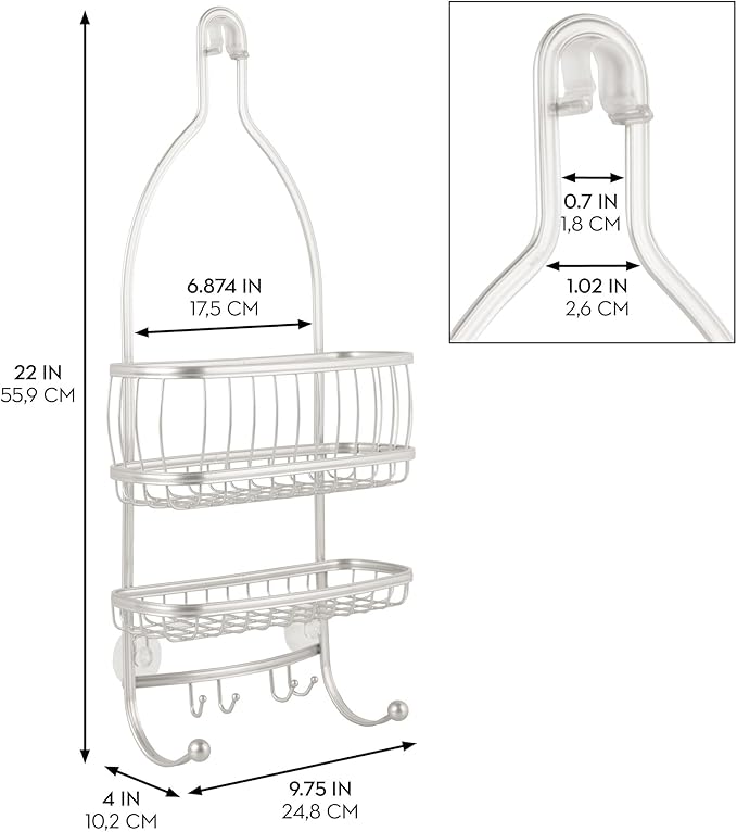 iDesign - 61974 York Metal Wire Hanging Shower Caddy, Extra Wide Space for Shampoo, Conditioner, and Soap with Hooks for Razors, Towels, and More, 10" x 4" x 22", Pearl White