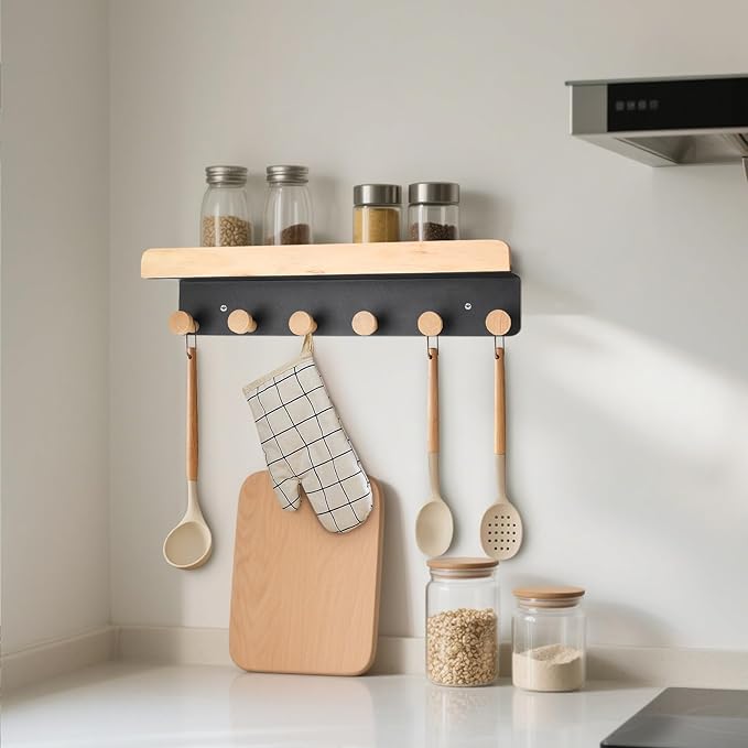 Gugxiom Wood & Metal Wall Mounted Coat Rack Shelf with Hooks, Pine Wood & Metal, Bathroom, Kitchen, Living Room, Entryways