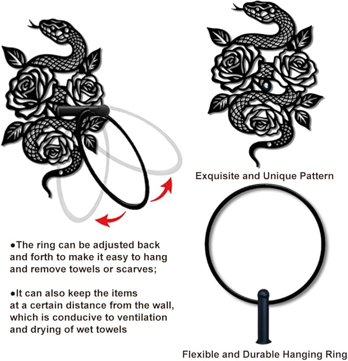 MAYJOYDIY Snake Metal Towel Ring Round Snake Flower Hand Towel Holder Ring Hanger Black Vintage Towels Wall Organizer for Kitchen Bath Home Laundry Room Decors Gifts