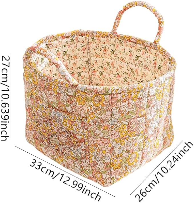 Quilted Fabric Storage Basket Boho Floral Laundry Hamper with Handle Foldable Floral Basket Organizer for Car Bedroom