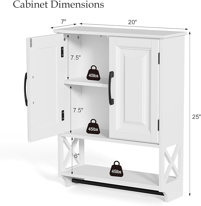 Farmhouse Bathroom Wall Cabinet with Tower Bar, 20"x25" Wall Storage Cabinet with Barn Doors & 3 Point Adjustable Shelf, 3-Tier Wall Mounted Medicine Cabinet for Bathroom Kitchen Living Room