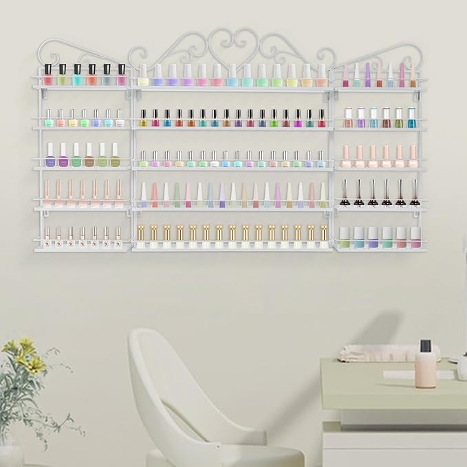 5-Tier Wall-Mounted Nail Polish Storage Racks Set of 3, Metal Cosmetic Display Case with Lipstick Perfume Shelf, Essential Oil Organizer for Home Spa Nail Salon Shop(White)