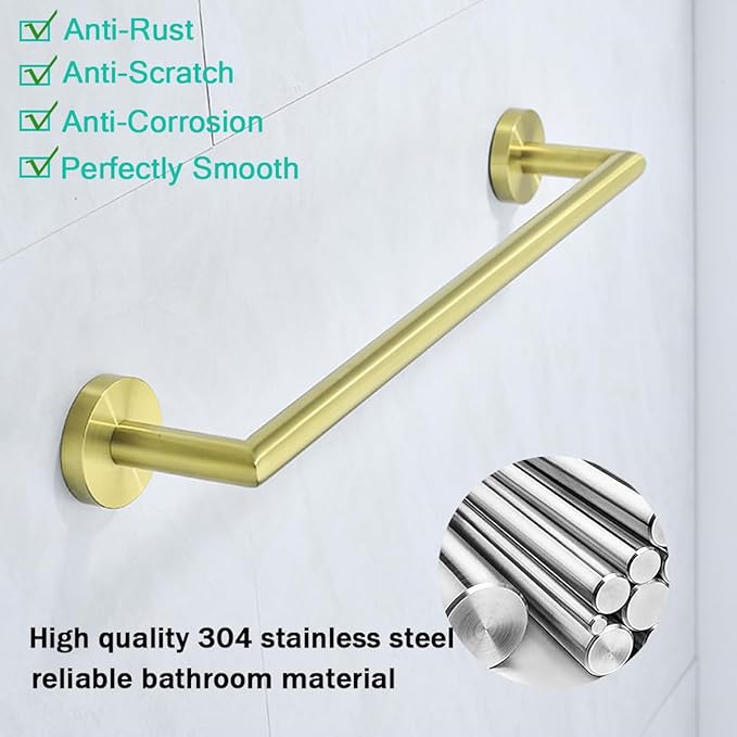Brushed Gold Bathroom Hardware Accessories Set 4 Pieces Bath Towel Bar Set with 18 Inch Towel Bar,Toilet Paper Holder,Towel Hooks,SUS 304 Stainless Steel Wall Mounted Bathroom Towel Rack Set