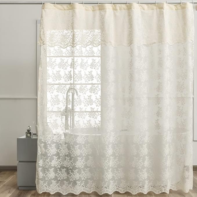YJ YANJUN Ivory Lace Shower Curtain - Shabby Chic Flower Shower Curtain with Attached Valance, Luxury Lace Curtain for Bathroom, Farmhouse Shower Curtains, 72 x 72 Inch, Light Beige