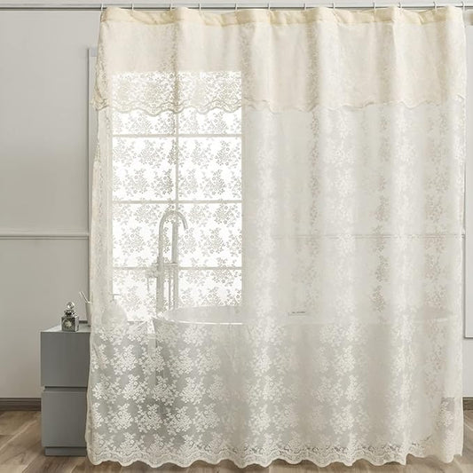 YJ YANJUN Ivory Lace Shower Curtain - Shabby Chic Flower Shower Curtain with Attached Valance, Luxury Lace Curtain for Bathroom, Farmhouse Shower Curtains, 72 x 72 Inch, Light Beige
