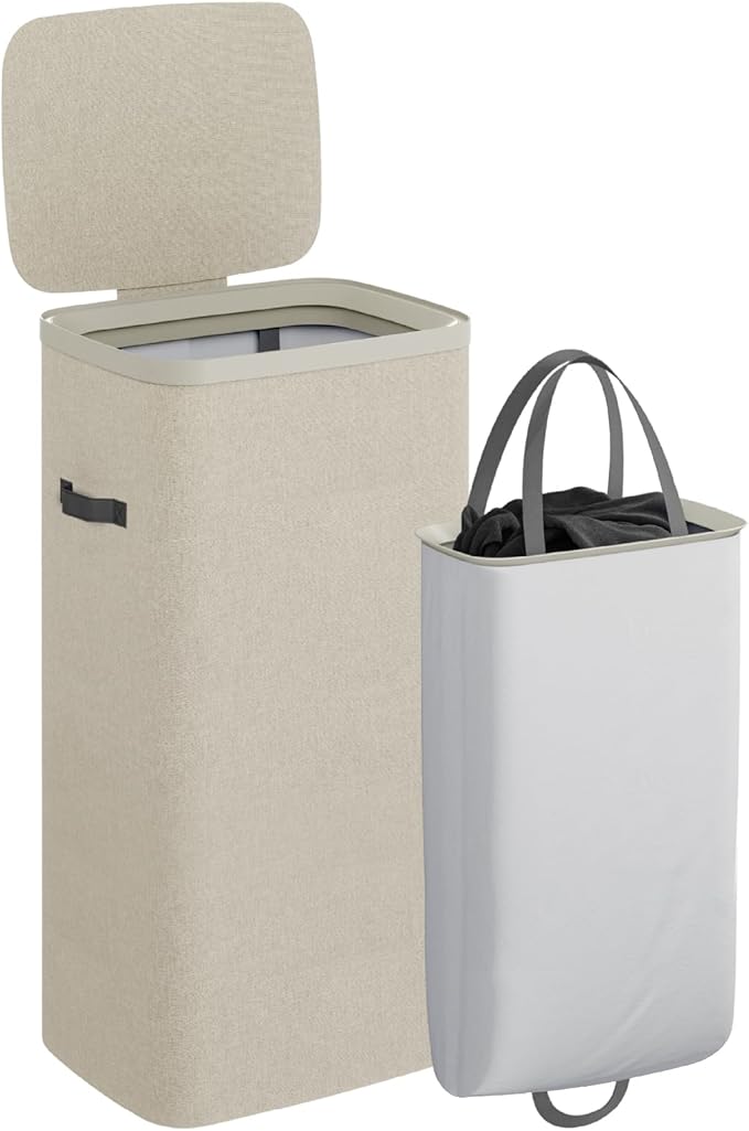 CASAMAYA Laundry Basket with Lid, Laundry Hamper 100L, collapsible Laundry Organizer, Easy Assembly, with Handles and Removable Liners, 16.5 x 12.6 x 29.5 Inches, Beige JSP902M