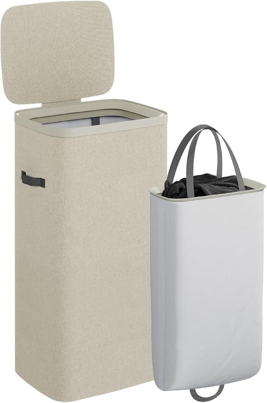 CASAMAYA Laundry Basket with Lid, Laundry Hamper 100L, collapsible Laundry Organizer, Easy Assembly, with Handles and Removable Liners, 16.5 x 12.6 x 29.5 Inches, Beige JSP902M