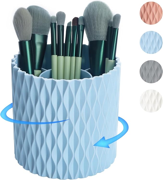 Makeup Brush Holder Organizer-360?? Rotating Makeup Brush Storage,Pencil Pen Holder Cup,Desk Accessories,5 Slot Make up Brushes Cup, for Vanity Desktop Bathroom Countertop (Light Blue)