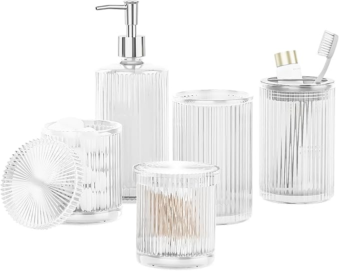BSSN Glass Bathroom Accessories 5 Pcs, Clear Bathroom Set, Soap Dispenser, Toothbrush Holder Set, Tumber, Qtip Holder Set, Vintage Bathroom Sink Set, Cute Bathroom Decor