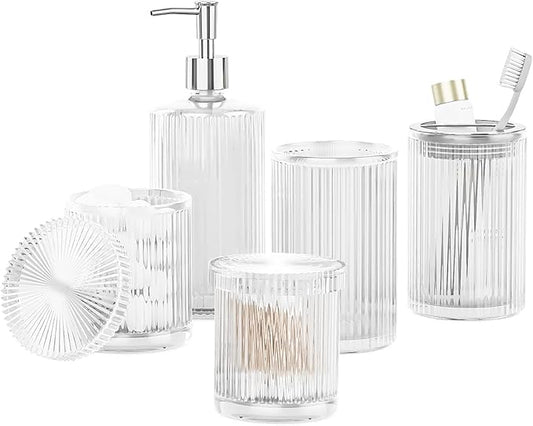 BSSN Glass Bathroom Accessories 5 Pcs, Clear Bathroom Set, Soap Dispenser, Toothbrush Holder Set, Tumber, Qtip Holder Set, Vintage Bathroom Sink Set, Cute Bathroom Decor