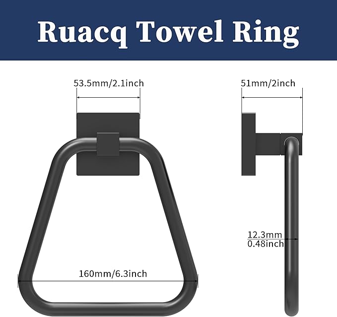 RUACQ Towel Ring, Square Base Hand Towel Ring, Stainless Steel Hand Towel Holder for Bathroom Wall, Sturdy and Rust-Resistant (Matte Black, 2Pack)