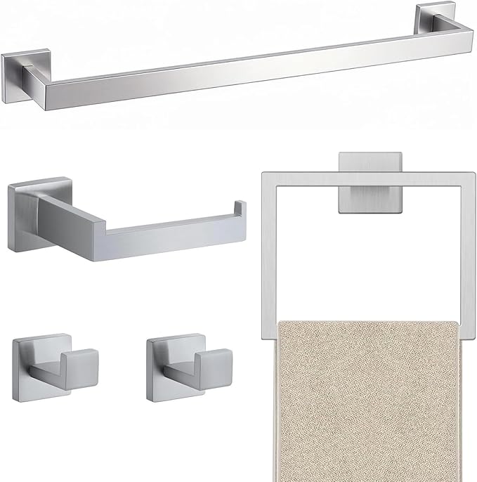 5 Piece Bathroom Towel Bar Set - SUS304 Stainless Steel Bath Towel Holder, 23.6 Inch Towel Racks for Bathroom Wall Mounted, Bathroom Hardware Accessories Set - Brushed Nickel