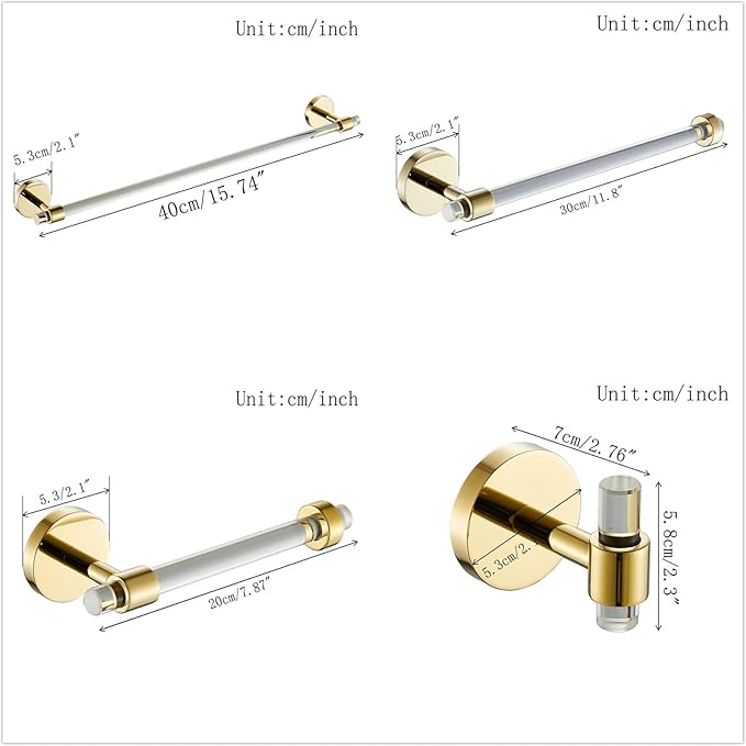 SHUNLI Bathroom Accessories Hardware Set 4 Pieces Wall Mounted,Towel Rack+Hand Towel Holder+Toilet Paper Holder+Hook,Brass and Acrylic,Gold Towel Bar Set