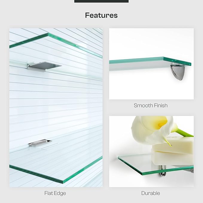 Fab Glass and Mirror Glass Shelves Cut to Size - 1/2" Thick Flat Edge Low Iron Glass - Wall Mounted Tempered Glass Floating Shelves - Storage Organizer for Bathroom Kitchen