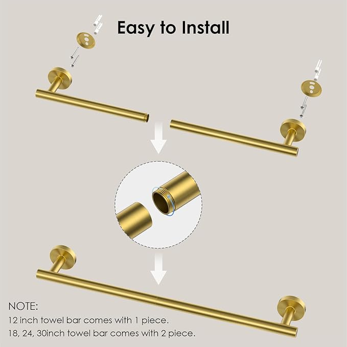 FORIOUS Towel Bar Wall Mounted, Stainless Steel Towel Racks for Bathroom, Includes Wall Mounting Hardware (Brushed Gold, 26 Inch)