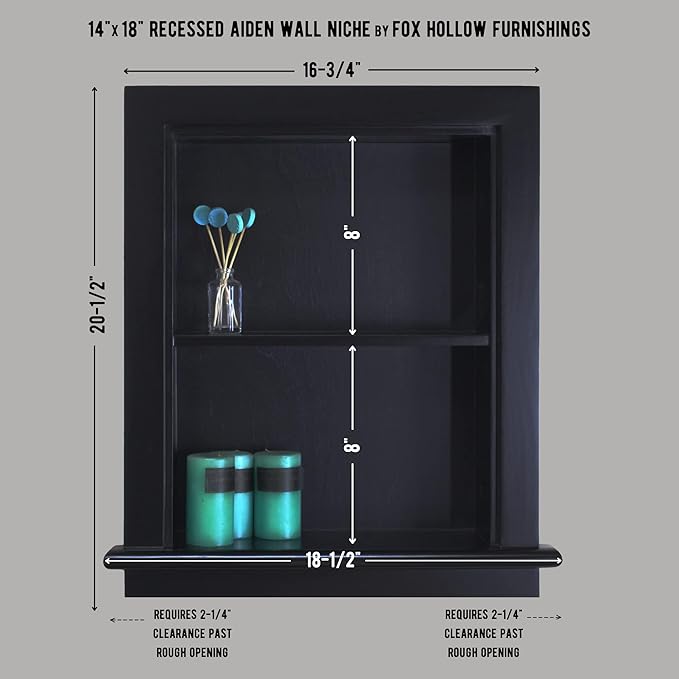 Fox Hollow Furnishings 14x18 Aiden Recessed Wall Niche Medicine Cabinet Replacement, in The Wall Bathroom Cabinet Insert Shelf/Shelves, Made in North America, Real Wood, NO MDF, Plain, Black