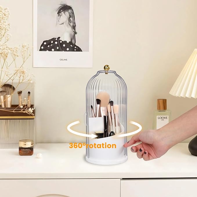 3 Tier Makeup Organizer with Clear Lid - 360° Rotating Protective Vanity Brush Holder for Bathroom Countertop White
