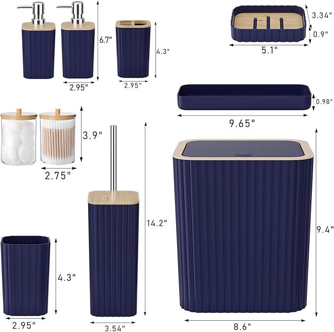XLHOMO Bathroom Accessories Set - Elegant Blue Bathroom Set, 10PC Bathroom Accessory Set, Toilet Brush, Trash Can, Qtip Holder Dispenser & Soap Dispenser
