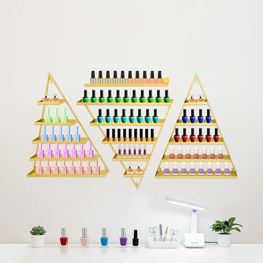 3 Pack Nail Polish Organizer Shelf Wall Mounted 5 Tiers Nail Polish Display Rack Shelves for Salon, Beauty Shop & Home Organization (Gold)