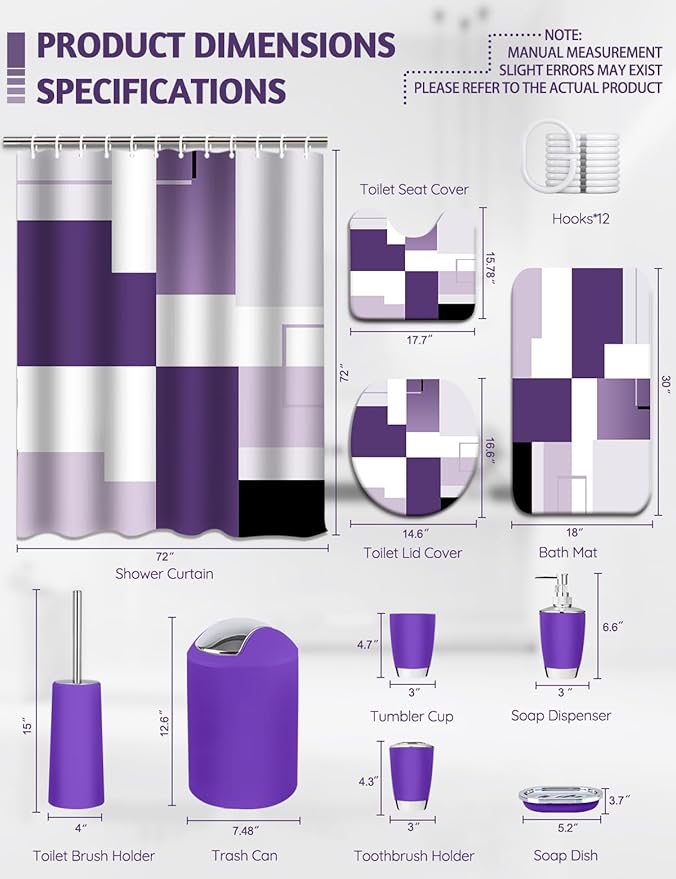 Lnond Purple Bathroom Set, 22-Piece Purple Geometic Bathroom Decor Set with with Shower Curtain and Rugs, Trash Can, Toilet Brush Holder Set & Soap Dispenser