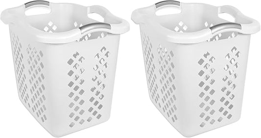 2-bushel capacity laundry baskets with silver handles, white, 2-pack