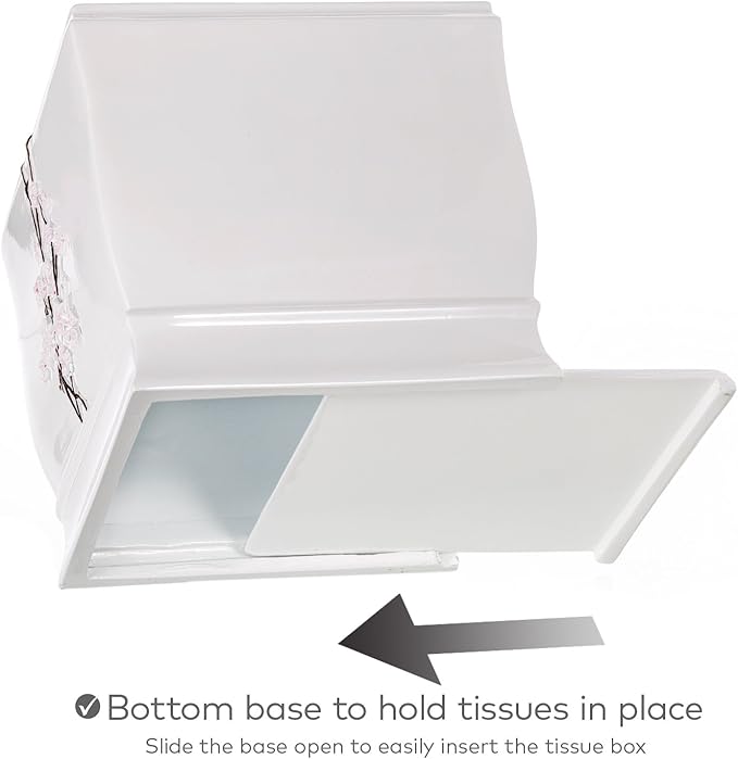 Creative Scents Vanda Square Tissue Box Cover – White & Pink Cherry Blossom Floral Decor – Decorative Resin Tissue Holder for Bathroom Vanities & Nightstands – Durable Bottom Slider