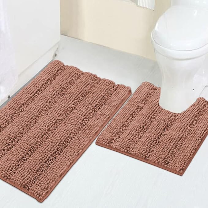 Turquoize Chenille Bathroom Rugs Non-Slip Bath Mats for Bathroom Super Absorbent Shaggy Rugs for Tub Shower Toilet Plush Bath Rug Plus U Shaped Rug (Standard: 20" x 32" and 20" x 20" U), Muted Clay