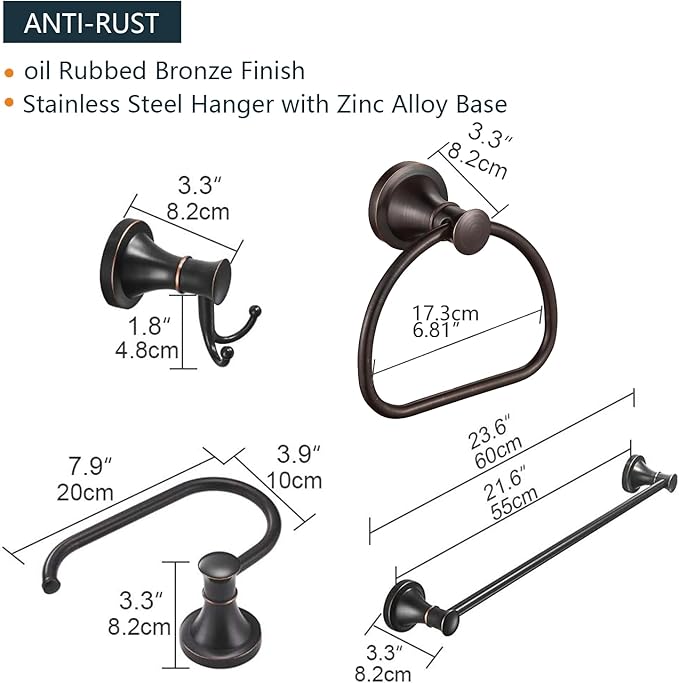 Oil Rubbed Bronze Brushed Black 4 Piece Set, Wall Mount Hardware with Adjustable Single Towel Bar Rack, Towel Ring, Toilet Towel Holder, Double Towel Hooks