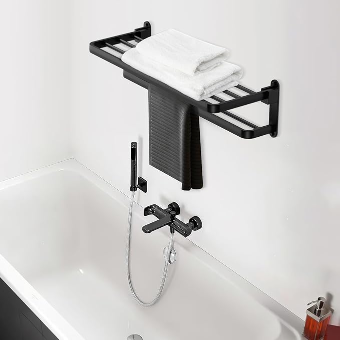 BOZWELL Bathroom Lavatory Towel Rack with Two Towel Bars,24-Inch Towel Holder with Shelf BZ205-A (Matte Black)