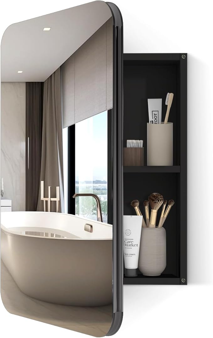 24x16 Inch Bathroom Medicine Cabinet Black, Wall Mounted Bathroom Medicine Cabinets or Recessed Mirror Cabinet Rounded Rectangle Medicine Cabinets