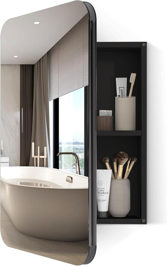24x16 Inch Bathroom Medicine Cabinet Black, Wall Mounted Bathroom Medicine Cabinets or Recessed Mirror Cabinet Rounded Rectangle Medicine Cabinets